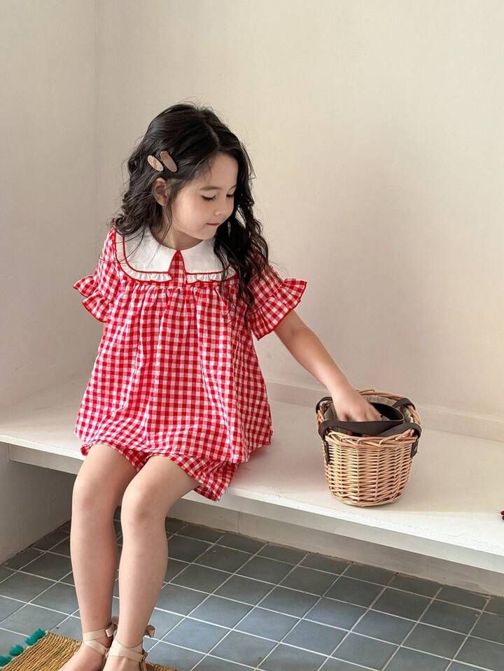 SHEIN Toddler/Young Girl Red Plaid Peter Pan Collar Two Pieces Sets Casual Outwear Cute Fashion S... | SHEIN