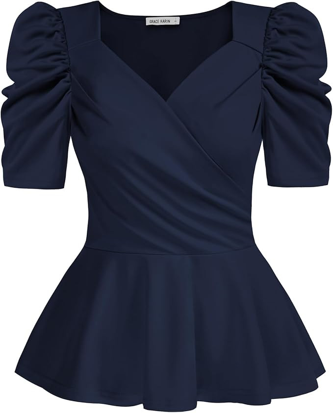 GRACE KARIN Womens Summer Tops Elegant Dressy 2026 Peplum Wrap Top V Neck Puff Short Sleeve Blous... | Amazon (US)