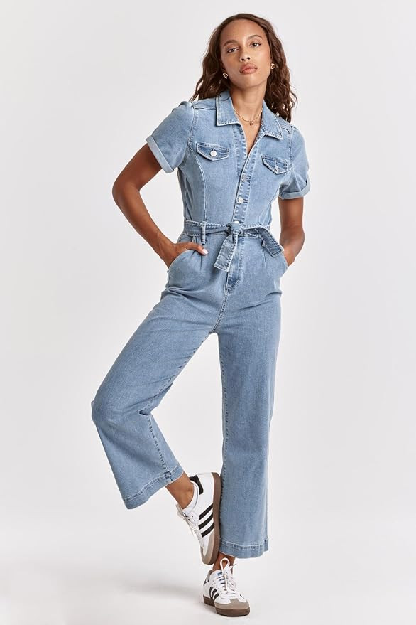 DEAR JOHN Riveter Cropped Denim Jumpsuit for Women Button-Front Short Sleeve Relaxed Fit Removabl... | Amazon (US)