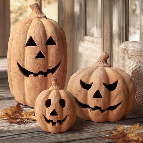 Fall Decor - Halloween Decorations - 7.5"H Handmade Terracotta Pumpkin Jack O' Lantern Outdoor Indoor - Cute Halloween Autumn Farmhouse Table Festival Decoration for Home Porch Front Door Mantel Room | Amazon (US)