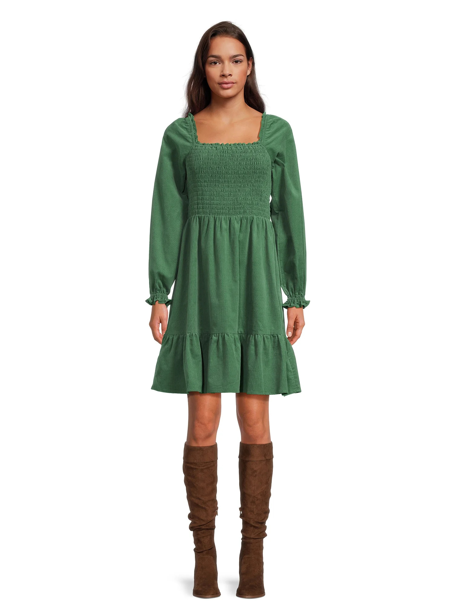 Time and Tru Women's Smocked Square Neck Corduroy Dress | Walmart (US)