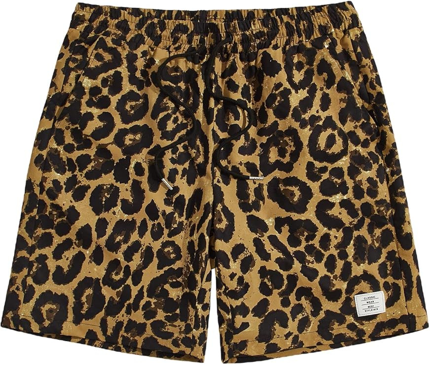 GORGLITTER Men's Leopard Print Letter Graphic Workout Shorts Drawstring Waist Wide Leg Shorts | Amazon (US)