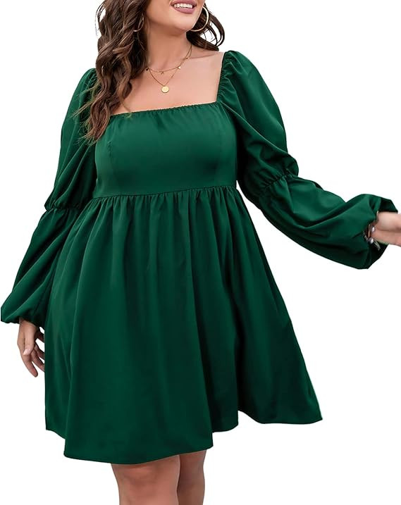 TINSTREE Womens Plus Size Square Neck Dress Long Puff Sleeve Flowy Swing A-Line Short Casual Mini... | Amazon (US)