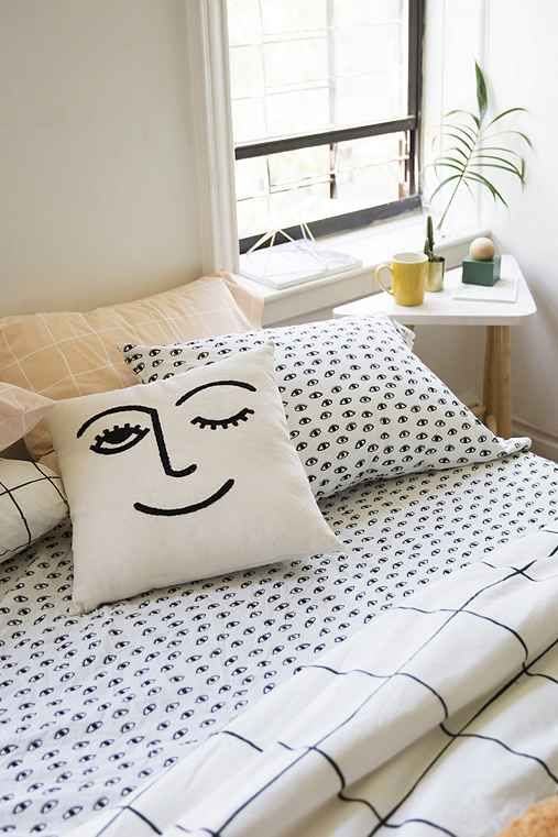 Winky Embroidered Pillow,BLACK & WHITE,18" SQ | Urban Outfitters US