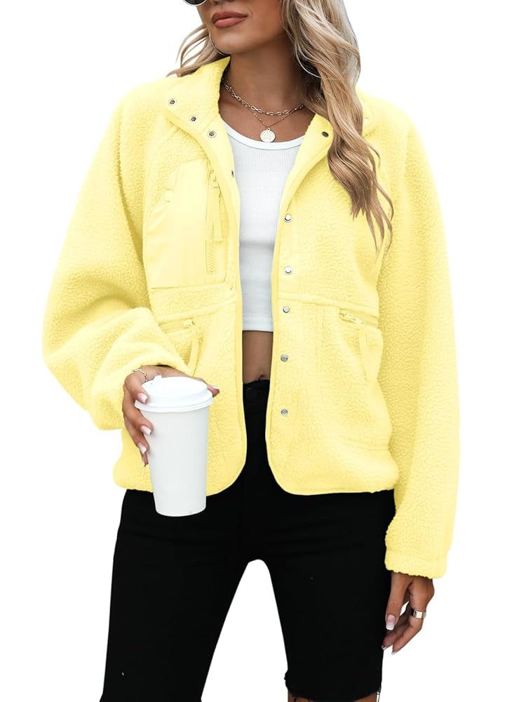 Yanekop Womens Fleece Jacket Fuzzy Long Sleeve Short Winter Coats Button Down Sherpa Jacket Outer... | Amazon (US)