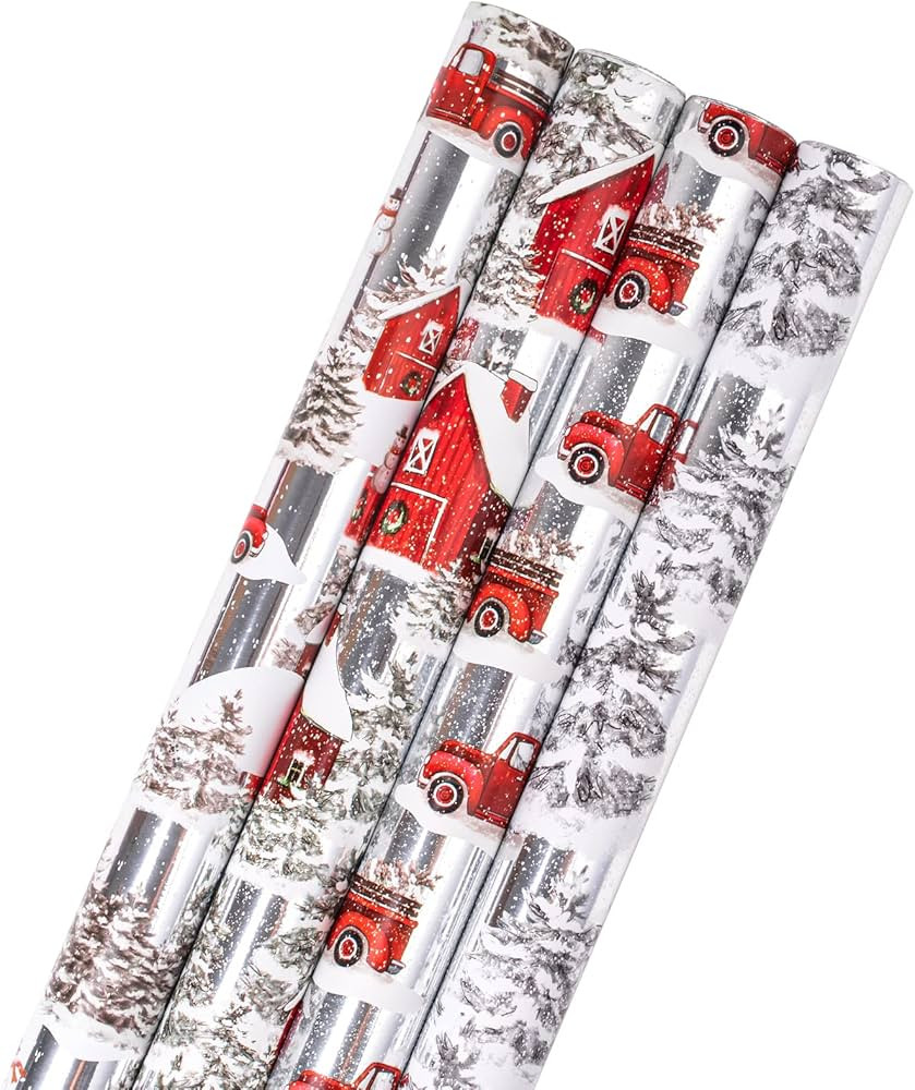LeZakaa Christmas Wrapping Paper - Silver Metallic Foil with Snowman/Red Truck with Tree/Red Hous... | Amazon (US)