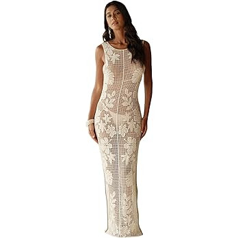 WDIRARA Women's Floral Crochet Sheer Cover Up Maxi Beach Dress Hollow Out Sleeveless Coverups | Amazon (US)