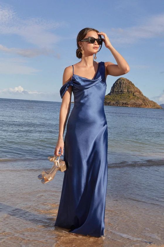 Elevated Romance Navy Blue Satin Asymmetrical Maxi Slip Dress | Lulus