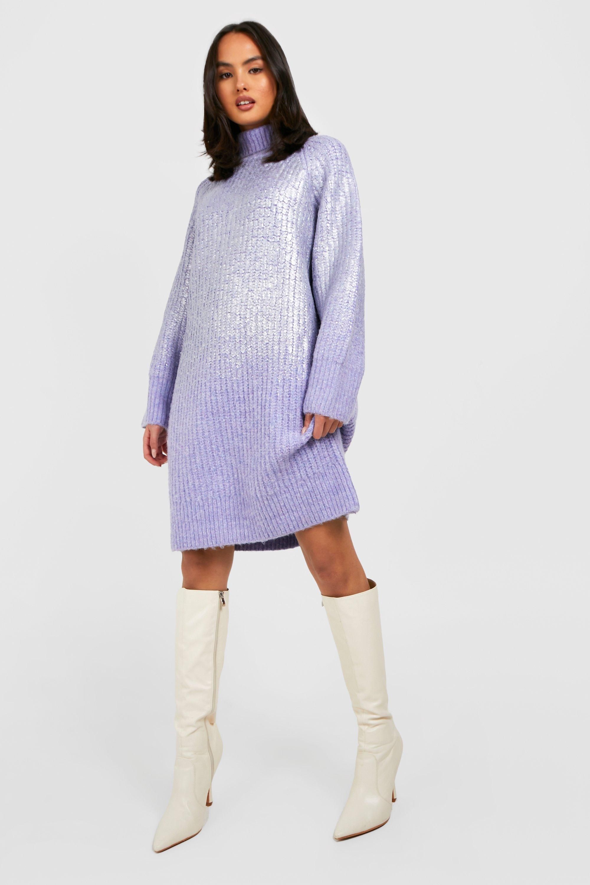 Womens Metallic Coated Sweater Dress - Purple - S | Boohoo.com (US & CA)