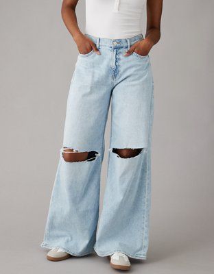 AE Dreamy Drape Stretch Super High-Waisted Baggy Ultra Wide-Leg Ripped Jean | American Eagle Outfitters (US & CA)