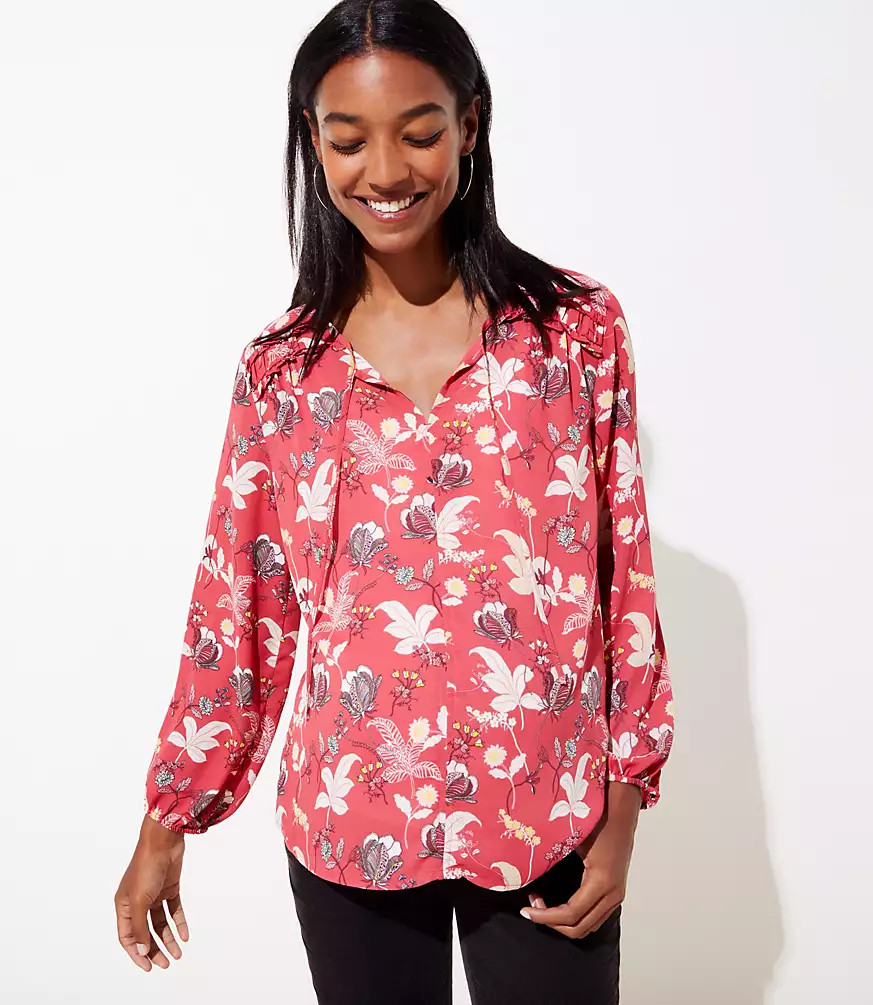 Maternity Bouquet Mixed Media Tie Neck Top | LOFT