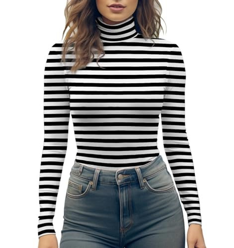 YumiDay Striped Turtleneck Shirt Women(White/Black,M) | Amazon (US)