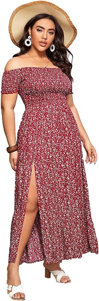Women's Boho Floral Print Off Shoulder Split Long A Line Dress | Amazon (US)