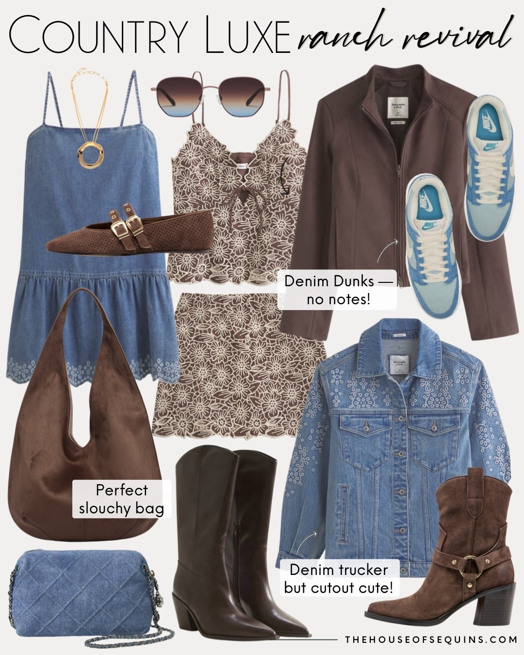 Shop country concert and western inspired fall outfits. Denim dress, faux suede bag,  chocolate brown boots, western boots, denim bag, bomber jacket, denim Nike Dunk sneakers, chocolate brown Mary Jane and more! 

#LTKFindsUnder50 #LTKFindsUnder100 #LTKShoeCrush