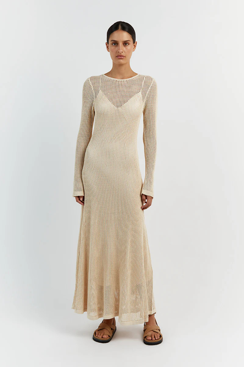 OPHELIA NATURAL CROCHET LONG SLEEVE MAXI DRESS | DISSH