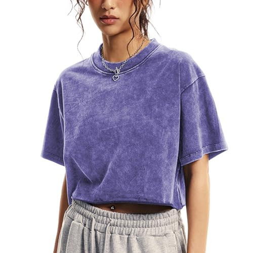 Talakeno Womens Oversized Vintage T Shirts Casual Cropped Tees Short Sleeve Cotton Acid Wash Tops Summer Grunge Shirts(Deep-Blue,S) | Amazon (US)