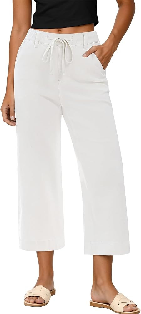 GRAPENT Capris Jeans for Women Trendy Wide Leg Capri Pants High Waisted Pull On Elastic Waist Sum... | Amazon (US)