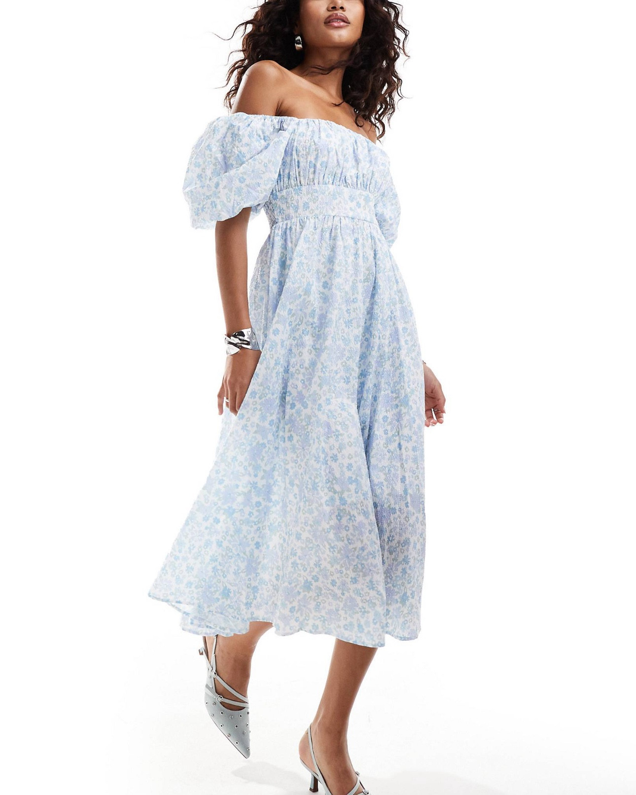 Spring Floral Blue Midi Dress 