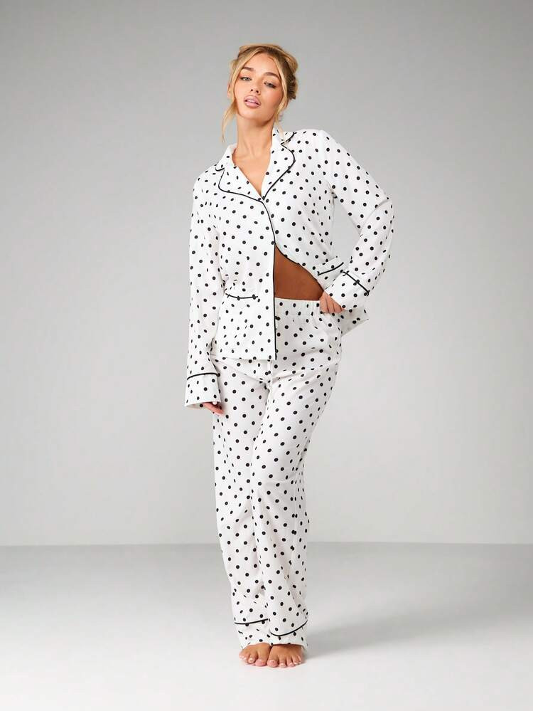 MISSGUIDED Long Sleeve Button Front Polka Dot Pajama Set With Classic Collar And Matching Pants For Comfortable Loungewear Sleep | SHEIN