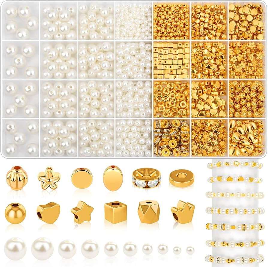 1352 Pieces Gold Spacer Beads and Pearl Beads for Bracelets, Assorted Gold Beads, Pearls for Brac... | Amazon (US)