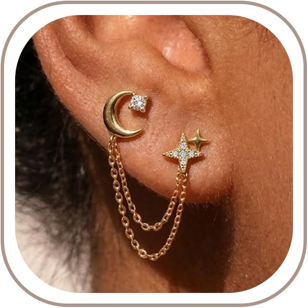 FREEKISS Chain Earrings for Women Trendy Gold Dainty Double Piercing Stud Earrings, Cute CZ Pearl... | Amazon (US)