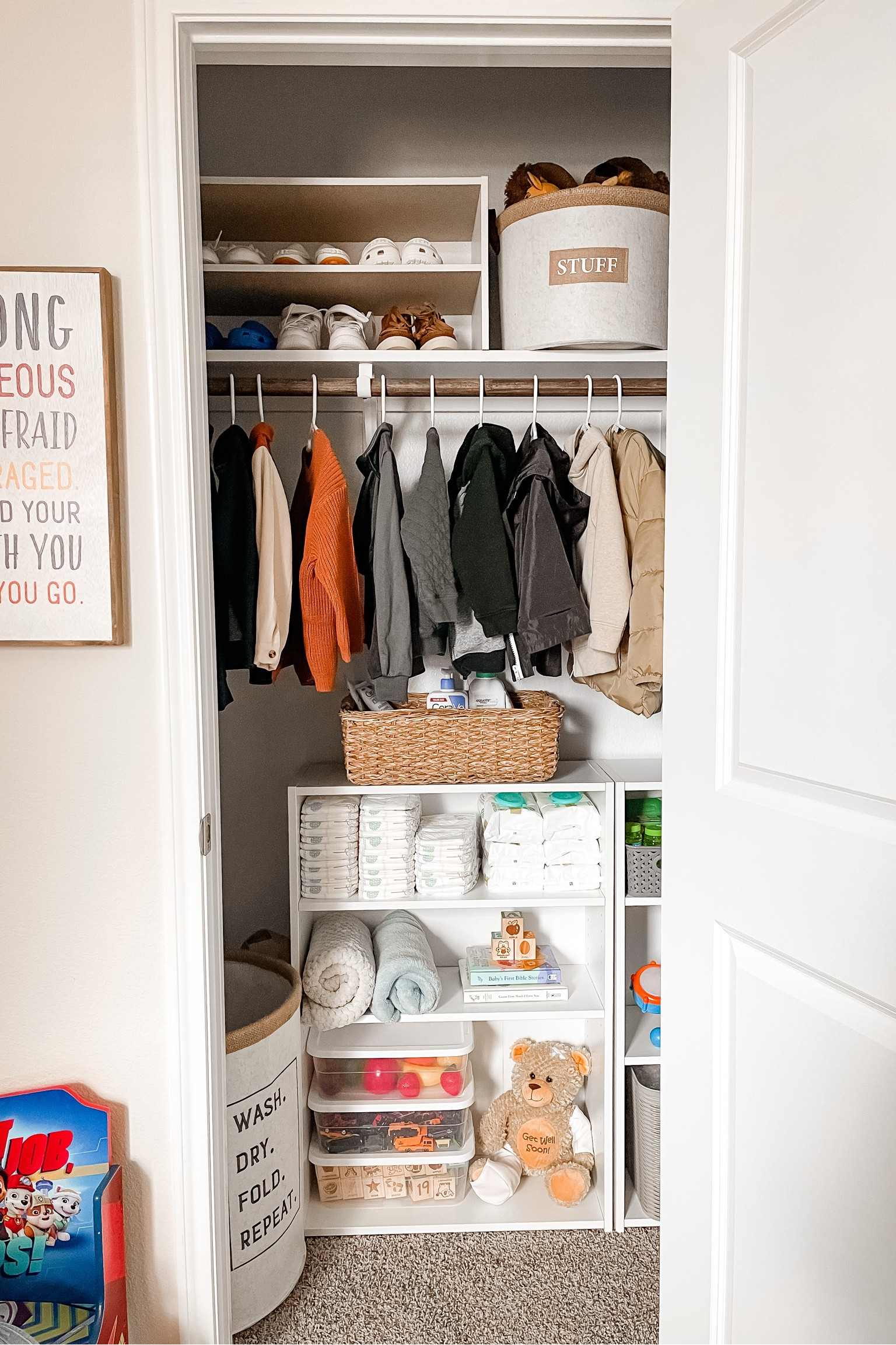 Toddler Closet Organization! My son’s closet is a good size, but there are no extra shelves and the single door limits the access to the space. I wanted to add some type of storage and shelving and found these bookshelves from Target. I also found this nice shoe shelf to organize his shoes better! The cloth bins are from Burlington so I don’t have links, but I added some similar items!

#LTKhome