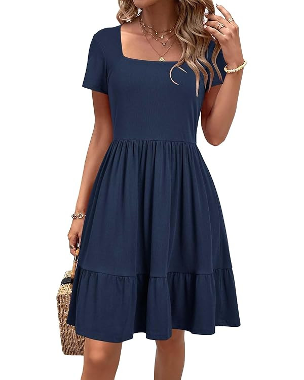 Newshows Women 2025 Summer Dress Square Neck Formal Short Sleeve Business Casual Outfits Ruffle S... | Amazon (US)