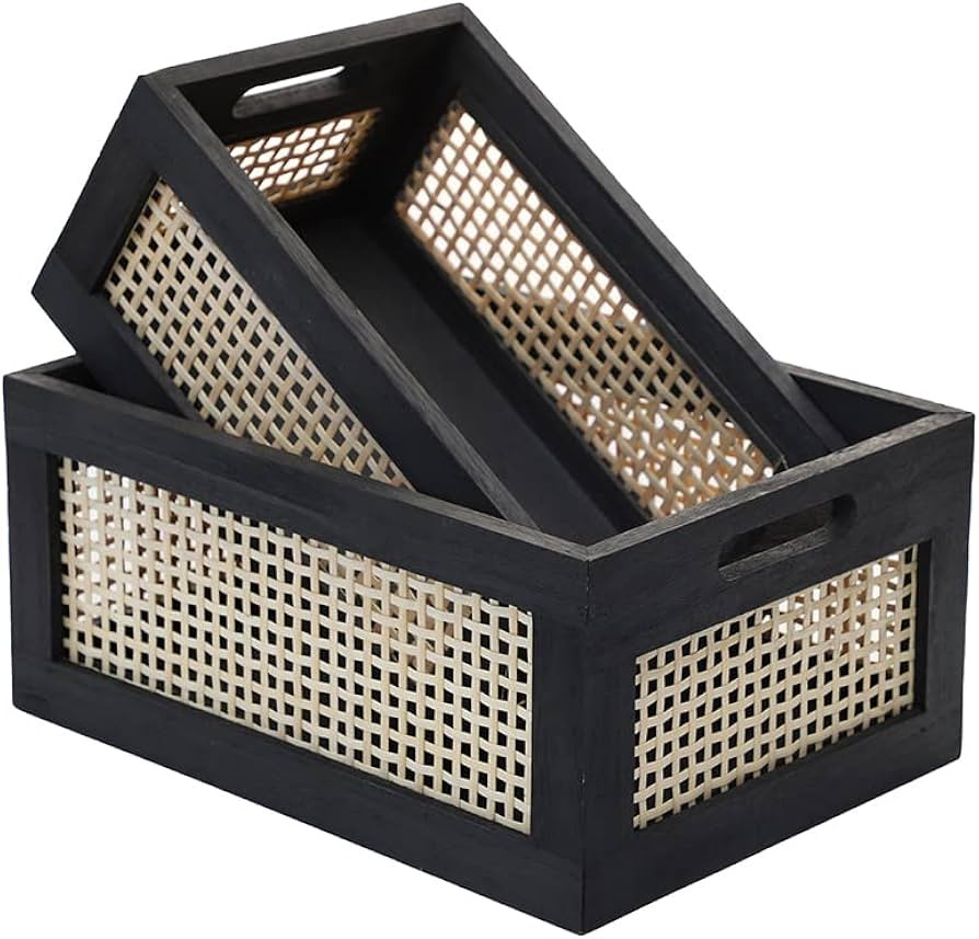 Desktop storage basket, sundry office drawer storage box, wood frame storage basket. (Black-Set2) | Amazon (US)