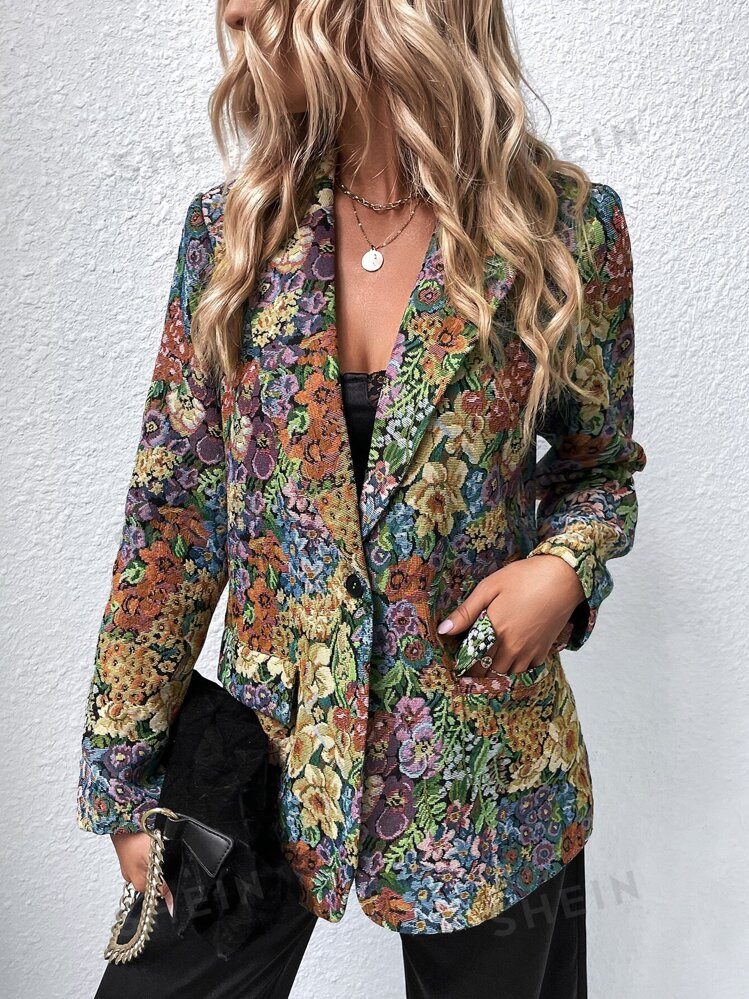 SHEIN Clasi Allover Floral Print Single Button Blazer | SHEIN