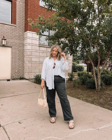 Midsize summer outfit - blue striped linen button up shirt & cargo pants. Wearing my usual size large in both

Linked similar straw handbags 


#LTKmidsize #LTKcanada #LTKsummer