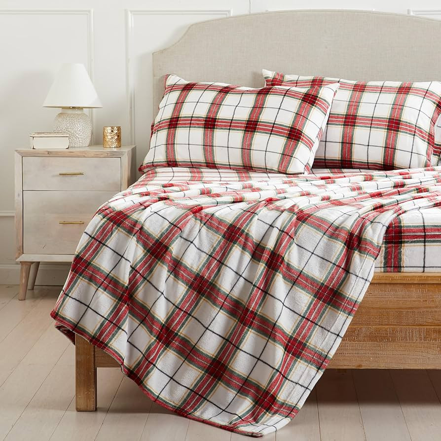 NY Loft Ultra Soft Micro Fleece Sheets Set with Extra Deep Pockets | Extra Soft Velvet Fleece Sheet Set | Super Plush Polar Fleece | Velvet Plush Cozy Warmth | King - Holiday Plaid | Amazon (US)