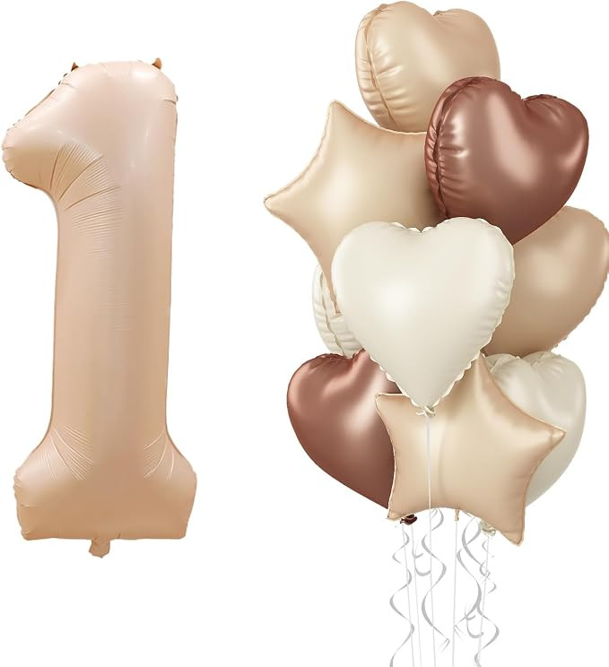 40 Inch Number 1 Balloon Decor, Cream Brown Foil Neutral Heart 1 Balloons with Taupe Star Helium ... | Amazon (US)