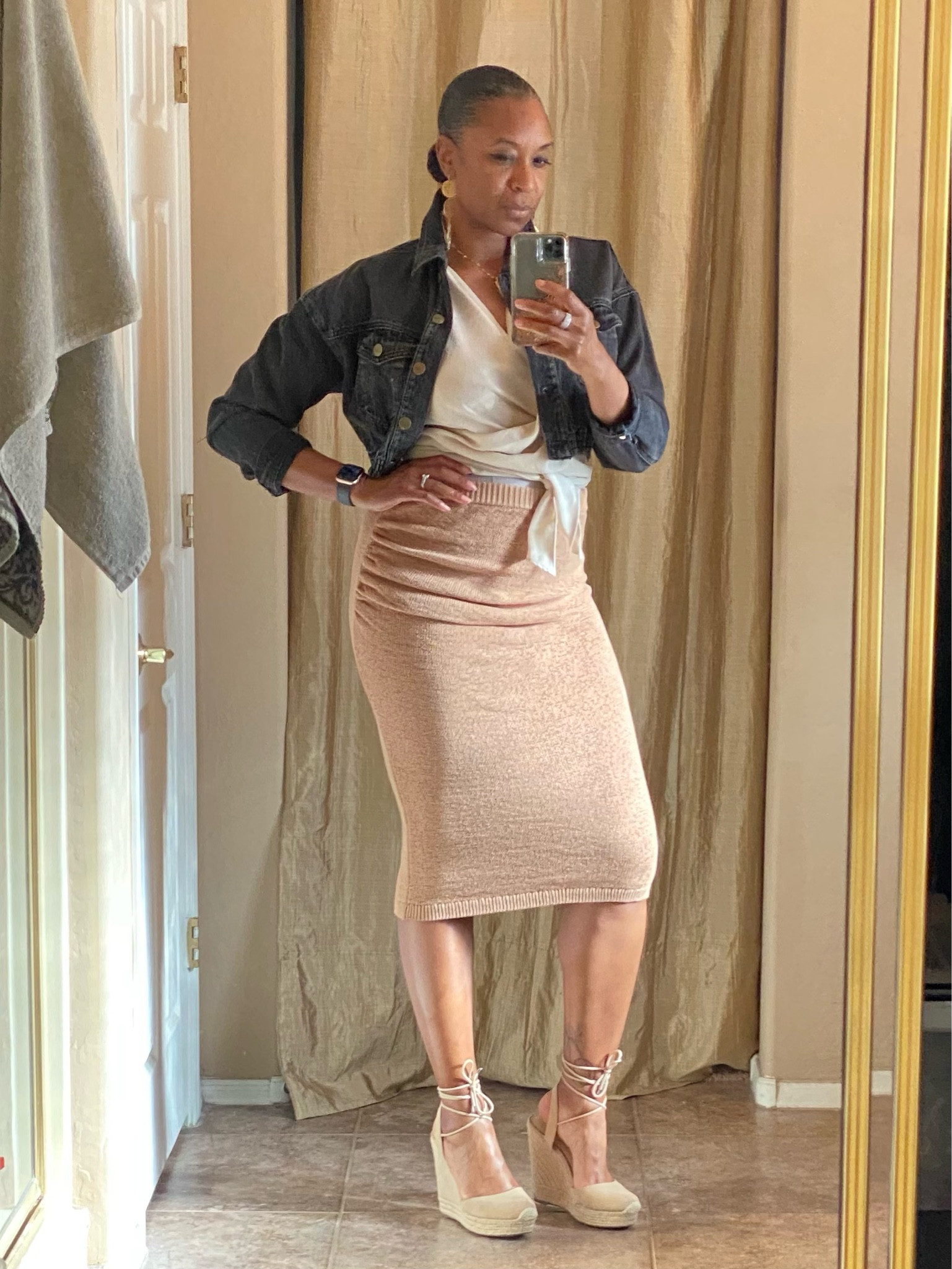 Outdoor festival ready! Wedge heels, cropped denim jacket, halter blouse and sweater skirt. 

#LTKfit #LTKstyletip #LTKtravel