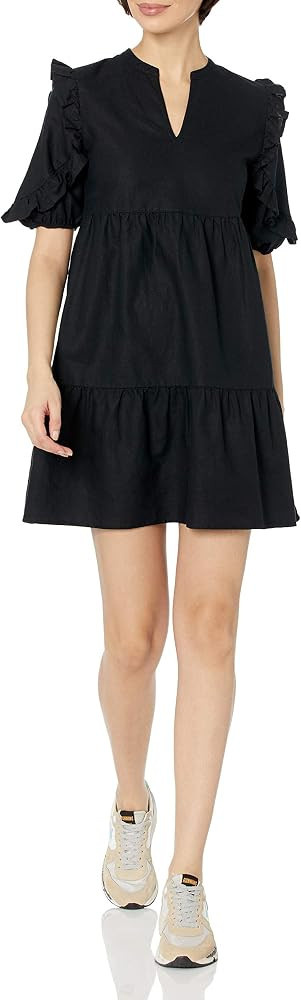 Goodthreads Women's Washed Linen Elbow Sleeve Split Neck Tiered Dress | Amazon (US)