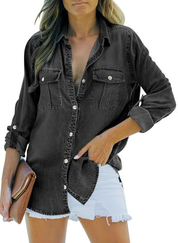 Sidefeel Women's Denim Top Long Sleeve Jean Shirt Button Down Denim Shirt Deep Black Medium | Amazon (US)