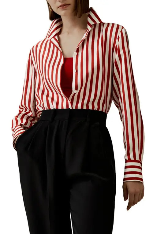 Lilysilk Classic Striped Silk Shirt in Red White Pinstripes at Nordstrom, Size Small | Nordstrom