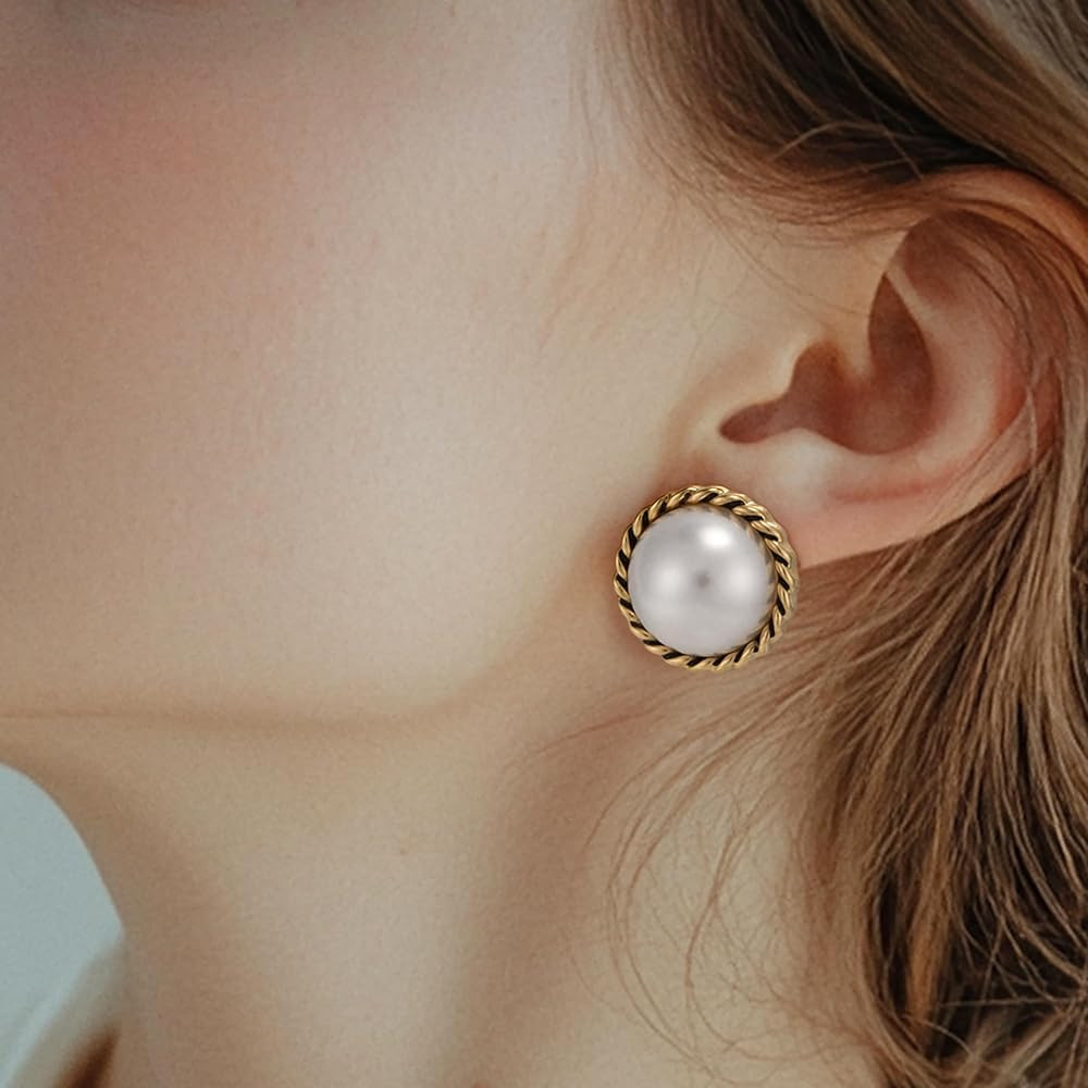 Pearl Stud Earrings, Gold Pearl Earrings Studs, Faux Pearl Earrings for Women Gold Plated, Gold S... | Amazon (US)