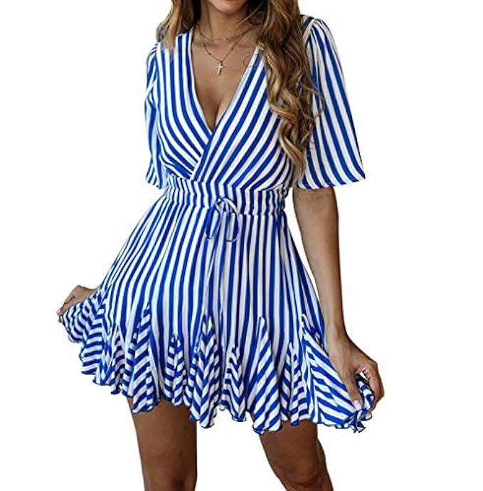 PRETTYGARDEN Women's Sexy Deep V Neck Short Sleeve Striped Wrap Ruffle Hem Pleated Mini Dress with B | Amazon (US)