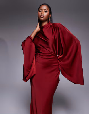 ASOS DESIGN funnel neck satin maxi dress with exaggerated sleeves in red | ASOS (Global)
