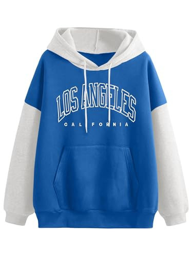 Hilinker Women's Cute Graphic Hoodie Color Block Sweatshirts Long Sleeve Drawstring Pullover Blue Los Angeles Small | Amazon (US)