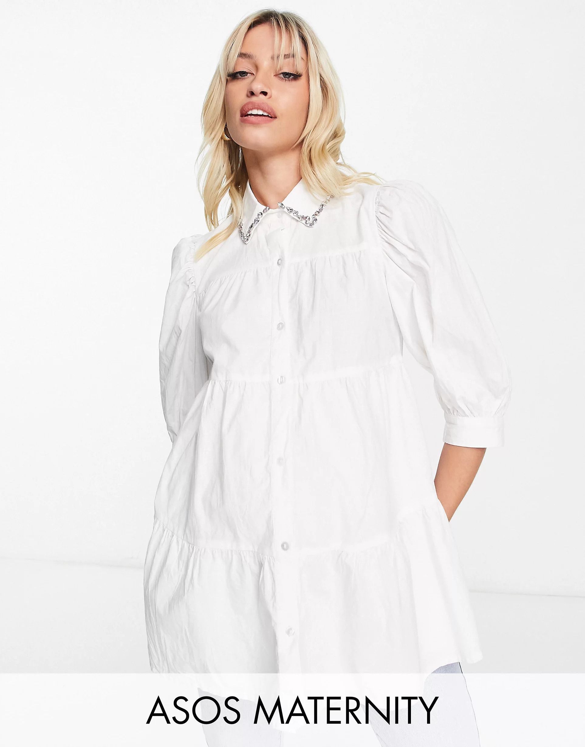 ASOS DESIGN Maternity tiered smock shirt with embellished collar in white | ASOS (Global)