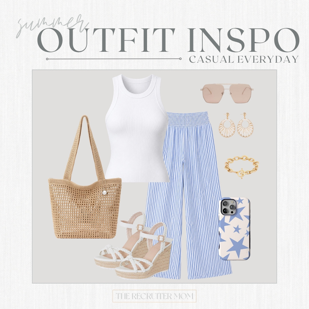 Striped blue pants, a white tank, and woven accessories for a relaxed coastal-inspired summer look 💙 #LTKsummer

#LTKTravel #LTKSeasonal #LTKOver40 #LTKMidsize