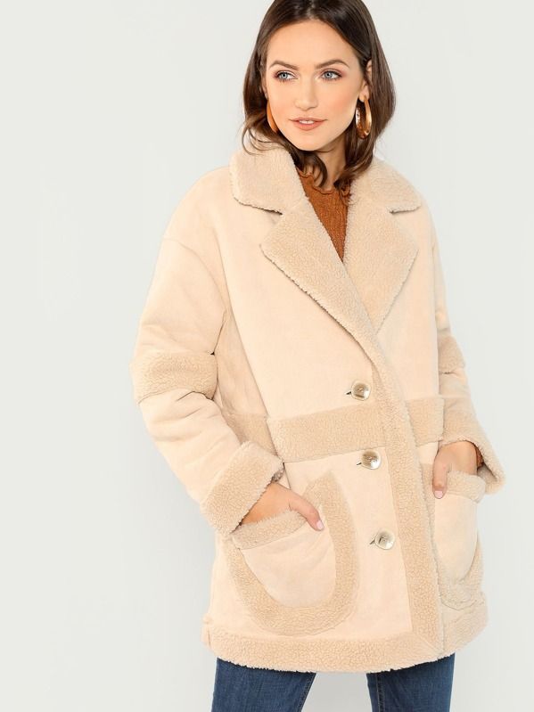 Pocket Front Faux Shearling Teddy Coat | SHEIN