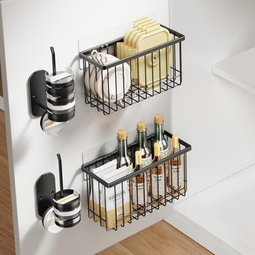 Mustorn 4 Pack Adhesive Cabinet Door Organizer, Lid Organizers Inside Cabinet Food Container/Tumbler Lid Organizer and Storage Cup Lids Holder for Kitchen & Bathroom Wall Mounted(Black) | Amazon (US)