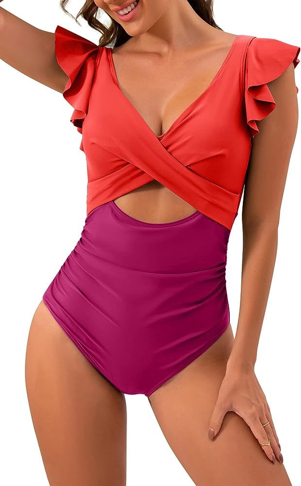 B2prity Women's One Piece Swimsuit Ruffle Cutout Bathing Suits Slimming Tummy Control V Neck Wrap... | Amazon (US)