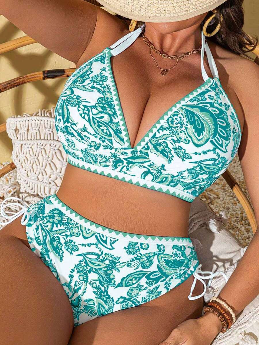 Swim Lushoire 2pcs Plus Size Women's Chinese Porcelain Style Random Print, Tie Front V-Neck Tanki... | SHEIN