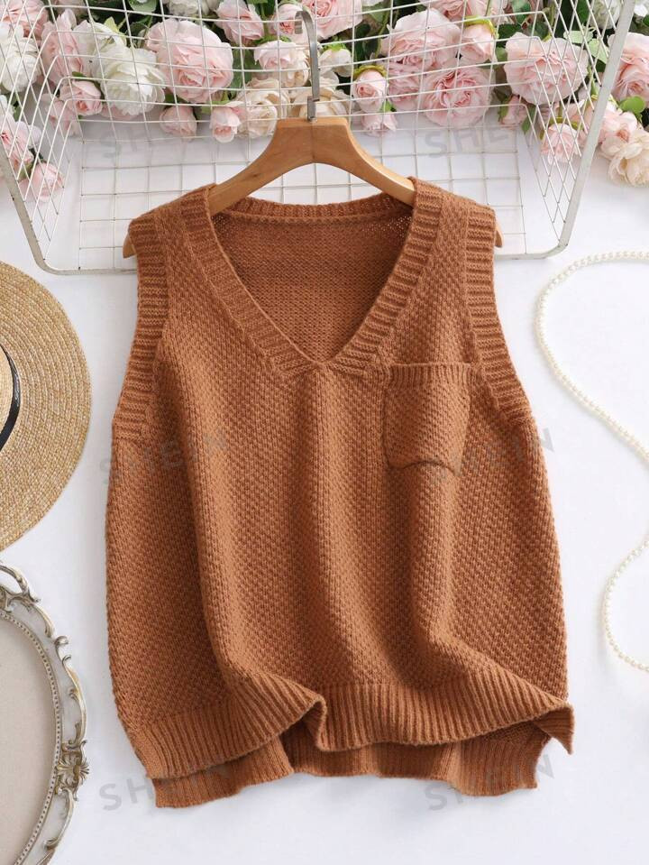SHEIN LUNE Women Fashion Solid Color Sweater Vest With Pockets | SHEIN