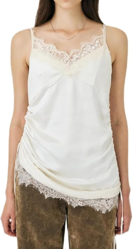 Women Lace Trim Satin Tank Top V Neck Silk Camisole Tops Patchwork Irregular Backless Spaghetti S... | Amazon (UK)