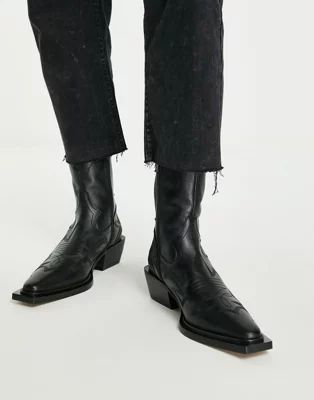 Topshop Ariel premium leather stitched western boot in black | ASOS (Global)