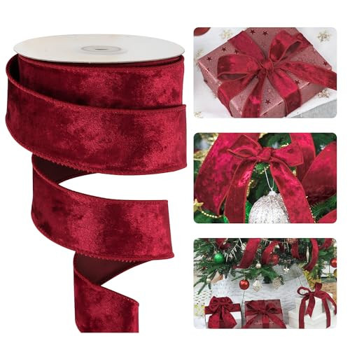 HUIHUANG Red Velvet Wired Ribbon 1.5 inch, Red Christmas Velvet Ribbon for Gift Wrapping, Christmas Tree, Bows, Wreaths, Garland, Wedding Decor, Home Decor, Crafts-Continuous 10 Yards/Roll | Amazon (US)